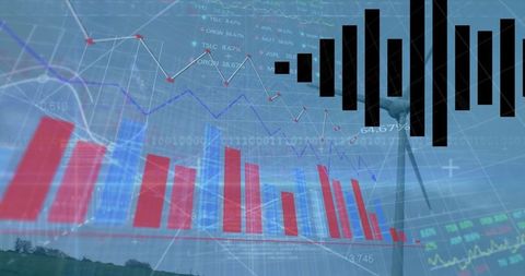 Statistical data overlay on spinning windmill symbolizing renewable energy