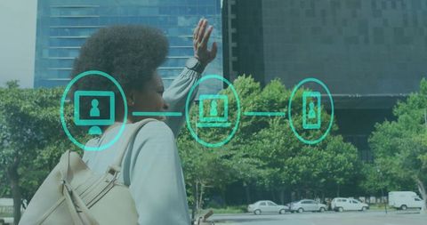 Modern technology connects urban commuter in city landscape