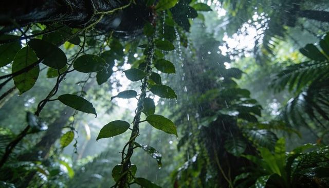Shimmering raindrops cascading through lush tropical canopy with climbing vine