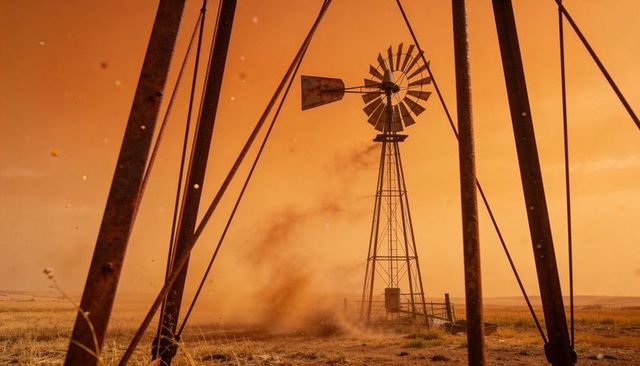 Rusty windmill rotating over dusty prairie kicking dust plume, rural water pump energy