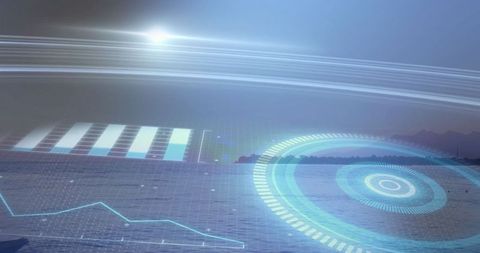 Futuristic HUD Overlay on Tranquil Shoreline at Dusk