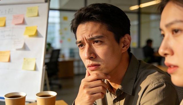 Thinking asian man resting chin during team brainstorming session with whiteboard notes