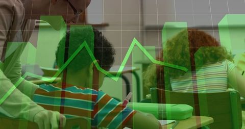teacher guiding student in classroom with green graph overlay - Download Free Stock Images Pikwizard.com