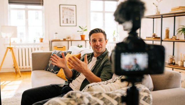 Male vlogger talking and gesturing in cozy sunlit living room with tripod camera