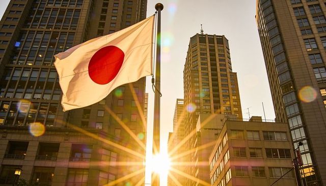 Japanese flag waving at golden hour among high-rise buildings with dramatic sunburst