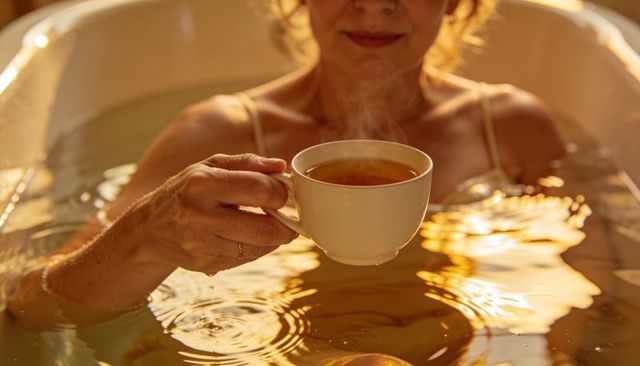 Relaxing woman holding steaming tea cup in bathtub with golden water ripples