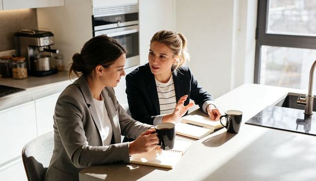 Two female colleagues discussing strategy at kitchen island with notebooks and coffee