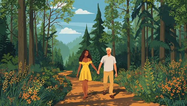 Sunlit Forest Walk Couple Holding Hands on Wildflower Trail Woman in Yellow Dress