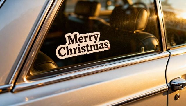 Merry christmas sticker displaying on rear passenger window of silver car at golden hour