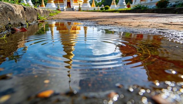 Rippling puddle reflecting golden stupas on wet paved temple path under bright sky