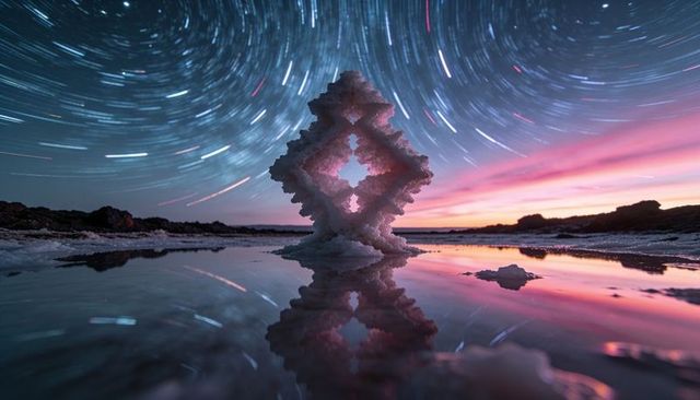 Rising geometric salt-crystal tower reflecting in twilight tidal pool under star trails