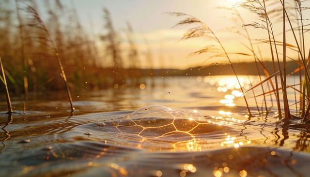 Glowing honeycomb bubble floating over marsh reeds at golden hour, warm reflective light
