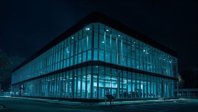 Blue-lit two-story glass office building at night | modern corporate architecture exterior