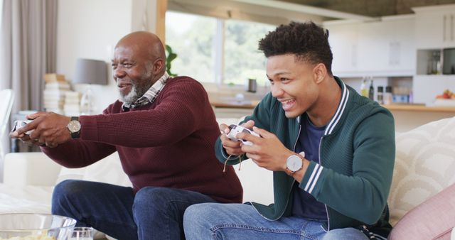 Grandfather and Grandson Enjoying Video Games Together in Cozy Living Room - Download Free Stock Images Pikwizard.com