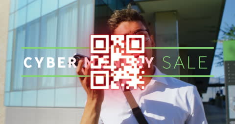Cyber Monday Sale Concept with Man and Digital QR Code