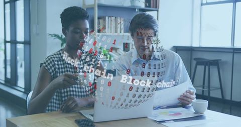 Futuristic Teamwork with Blockchain Hologram in Office Environment