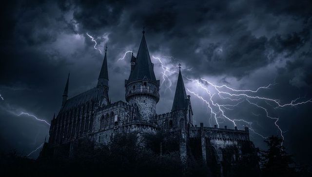 Ancient castle illuminated by striking lightning in night storm