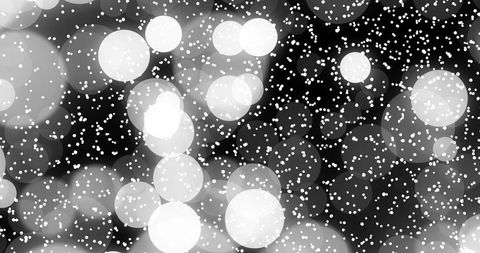 Monochrome bokeh with floating white particles and speckled snow effect background