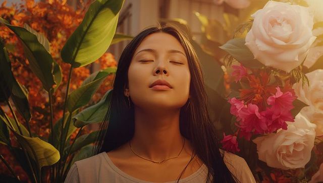 Serene Asian Woman Experiencing Tranquility in Lush Garden