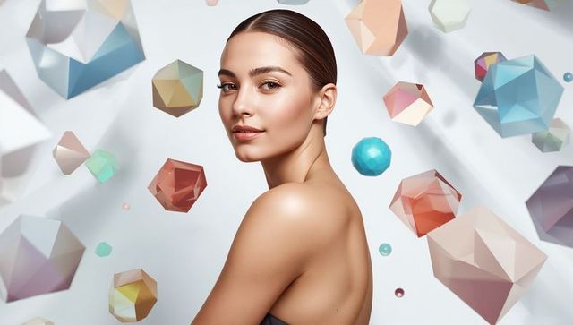 Sleek beauty portrait with bare shoulder and floating faceted gems for cosmetic branding