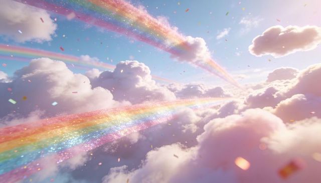 Iridescent rainbow beams cutting through pastel cloudscape with floating confetti