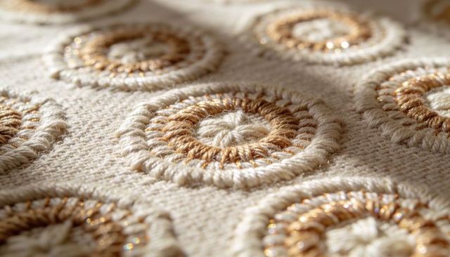 Cream wool rosette embroidery with metallic gold thread, macro textile texture background