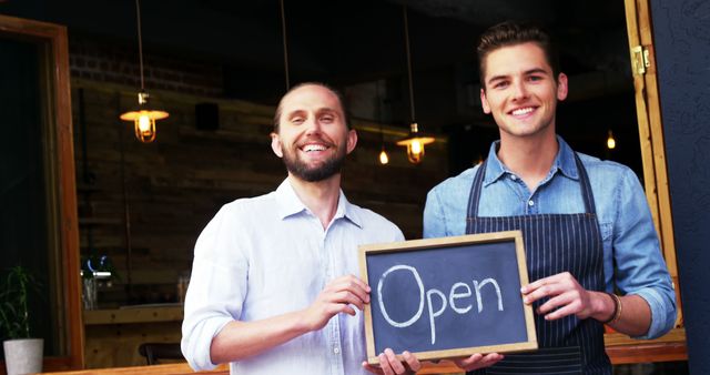 Happy caucasian men standing and holding blackboard with open text in entrance of cafe. Blackboard, writing, communication and cafe concept, unaltered.