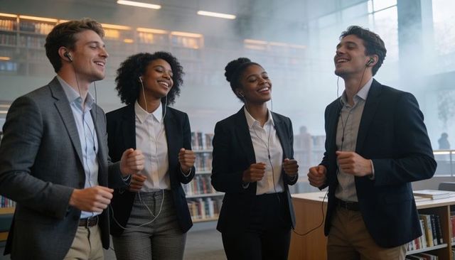 Corporate quartet singing and swaying in library wearing earphones, teamwork