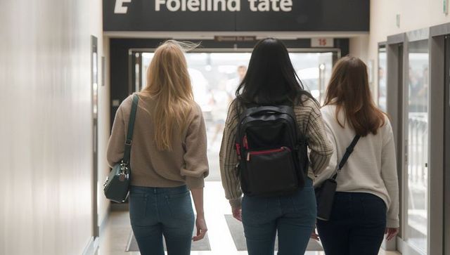 Three students walking down campus corridor wearing sweaters, jeans and backpacks back view