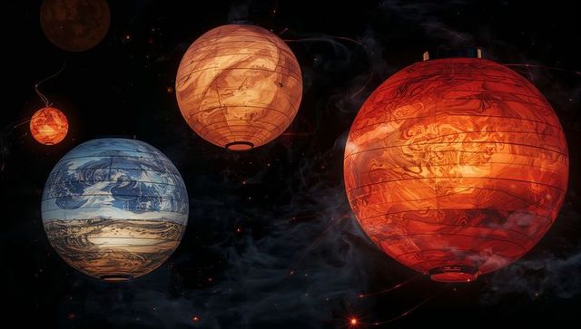 Glowing red-orange lantern planet floating in starfield beside blue-beige marbled globe