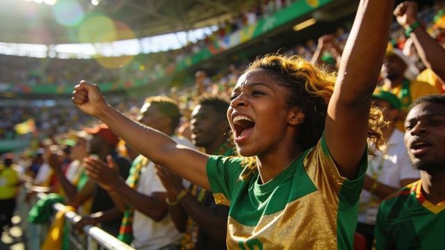 Sunlit stadium crowd cheering woman raising arms and shouting in green and gold jersey leading chant