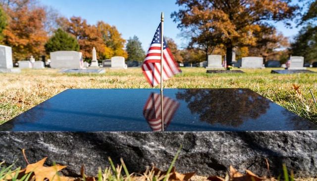 Reflecting black granite grave marker mirroring american flag and autumn trees in cemetery