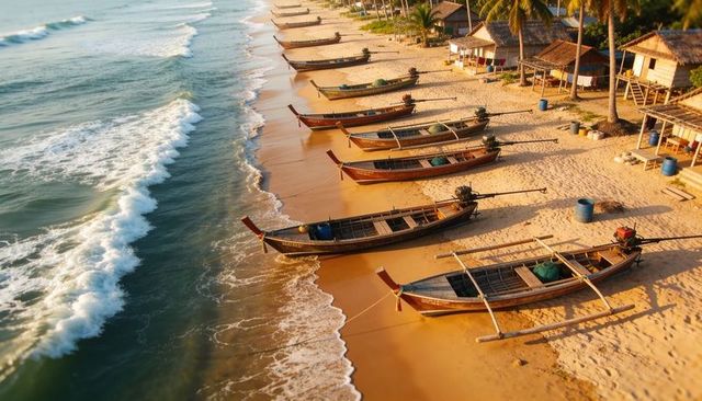 Long-tail boats lining golden tropical beach at sunrise with fishing village and palms