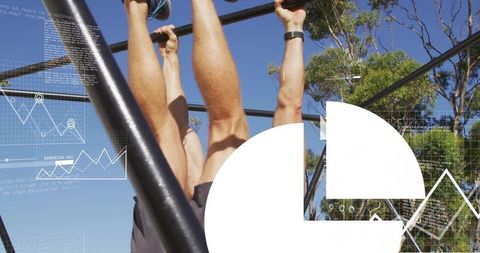 Men hanging upside down raising legs on pull-up rig practicing calisthenics with data overlay