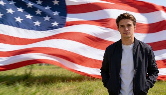 Young man standing with american flag waving in grassy field, patriotic outdoors