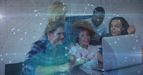 Team Collaborating Over Laptop Reviewing Global Data With Digital Network Globe Overlay