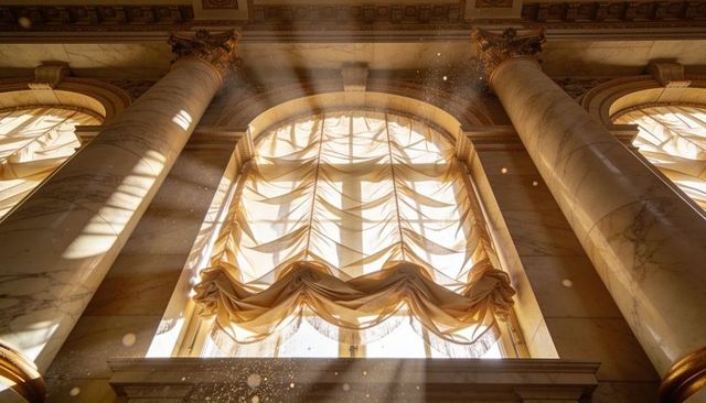 Sunlight streaming through arched neoclassical window with gathered drapery and marble columns