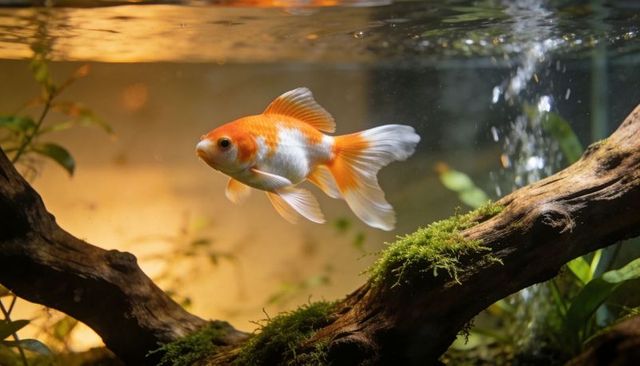 Orange and white fancy goldfish swimming in planted aquarium surrounded by live moss and driftwood