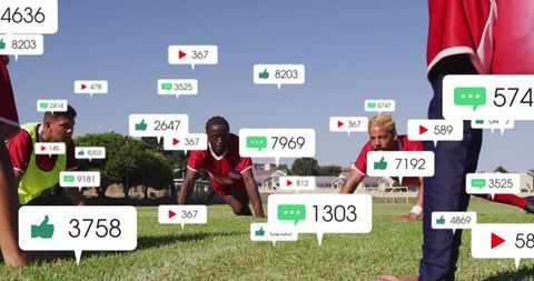 Soccer team plank training with social media engagement overlays for fitness branding