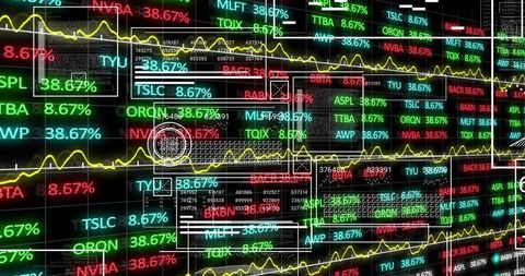 Futuristic Stock Ticker Display with Dynamic Line Graphs