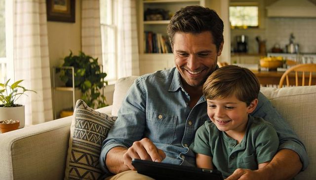 Father and son smiling and using tablet on couch for cozy family bonding at home