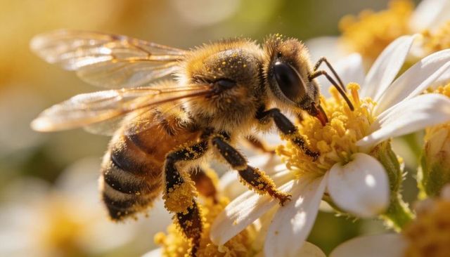 Sunlit honey bee collecting pollen on white daisy macro closeup showing pollen-laden legs