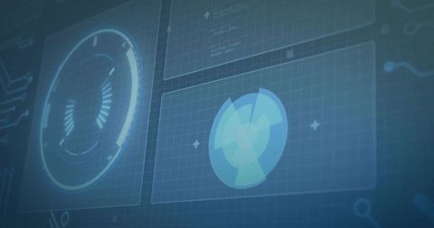 Translucent blue HUD displaying ring gauge and radar disk on gridded futuristic interface