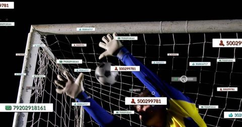 Soccer Goalkeeper Leaping for Dramatic Night Save with Data Overlays and Motion