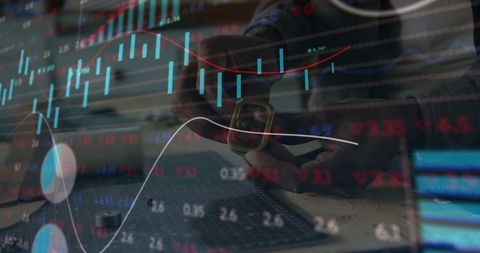 Technician Adjusting Smartwatch in Workshop with Data Overlay