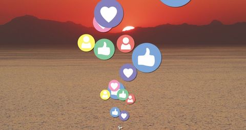 Social Media Icons Floating Over Sunset Sea Landscape