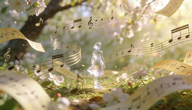 Standing glass teen figure glowing dress sending musical ribbons in sunlit flower glade