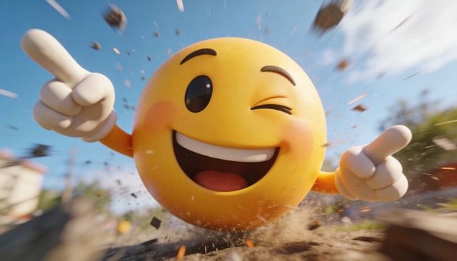 Charging winking emoji mascot pointing with white gloves dynamic 3d glossy cartoon action