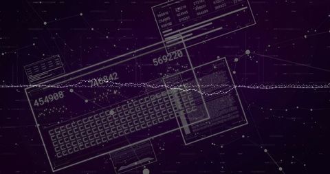 Futuristic Data Interface with Floating Wireframe Keyboard, Dotted Trace and Node Network