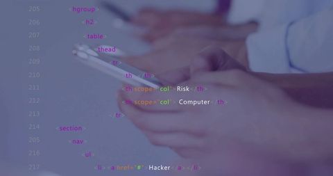 Collaborating on tablet with code overlay highlighting cybersecurity risk and hacking